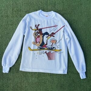Vintage Looney Tunes Tasmanian Devil White Cartoon Kid’s waffle knit thermal XL